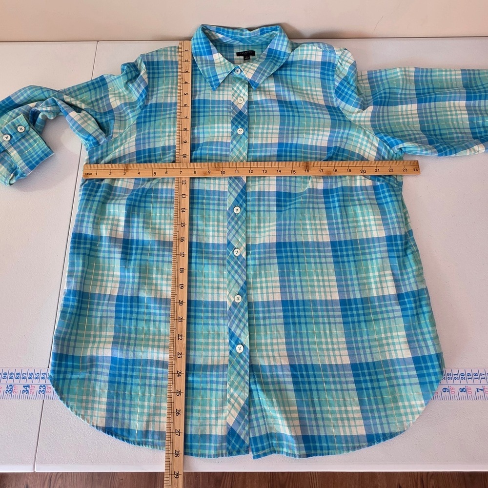 Talbots Button Shirt Womens 1X Blue Plaid Metallic Lightweight Flannel Autumn - Picture 5 of 8